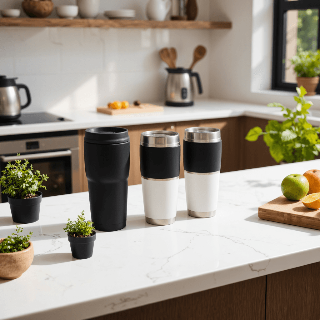 product photography of travel mugs