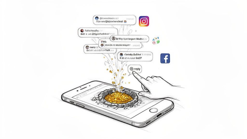 Digital marketing concept showing social media interactions generating value from a smartphone.