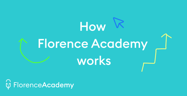 Graphic with the text “How Florence Academy works” and decorative arrows on a teal background.