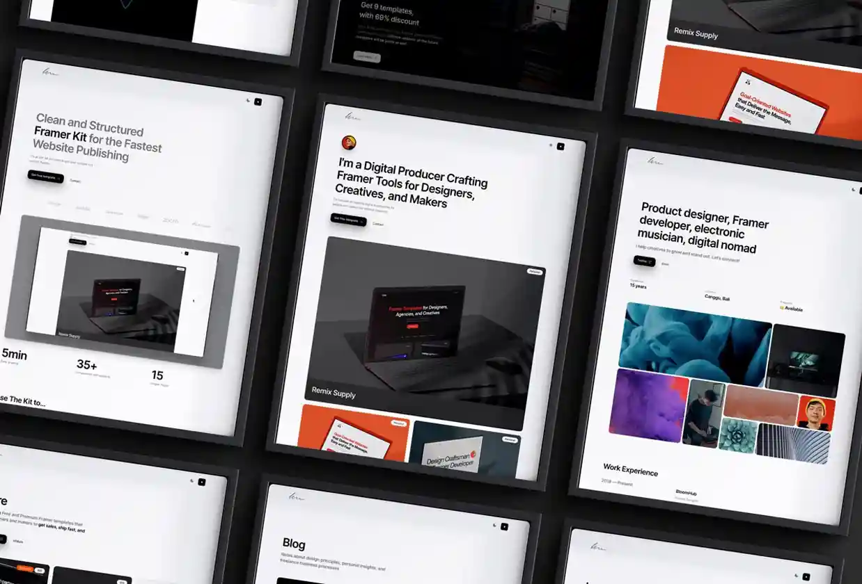 Vue en perspective d'une grille présentant plusieurs modèles de sites web minimalistes sur des écrans de tablette.