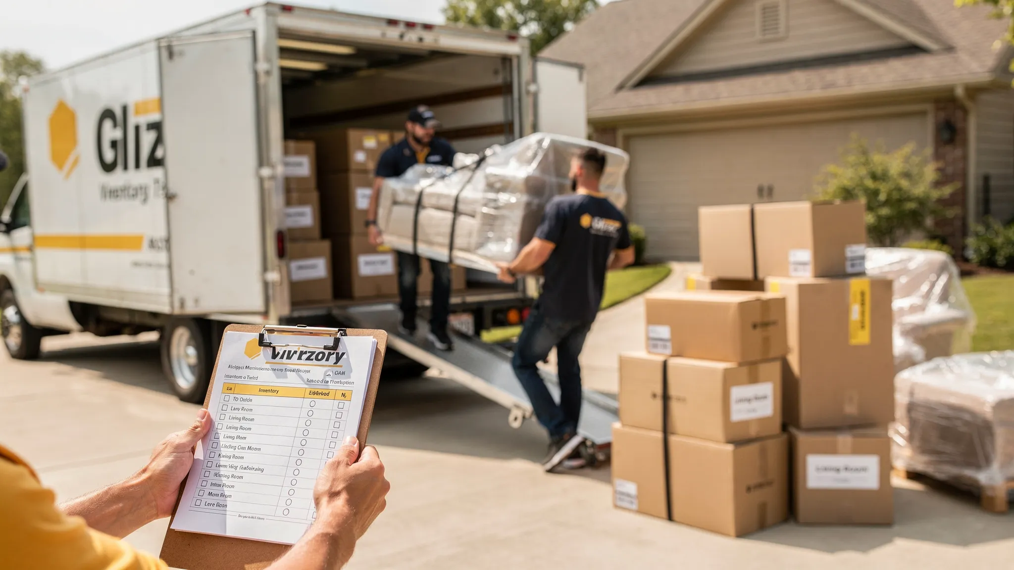 A long-distance moving crew loading wrapped furniture and labeled boxes into a moving truck, with an inventory clipboard in the foreground and a clear driveway staging area.