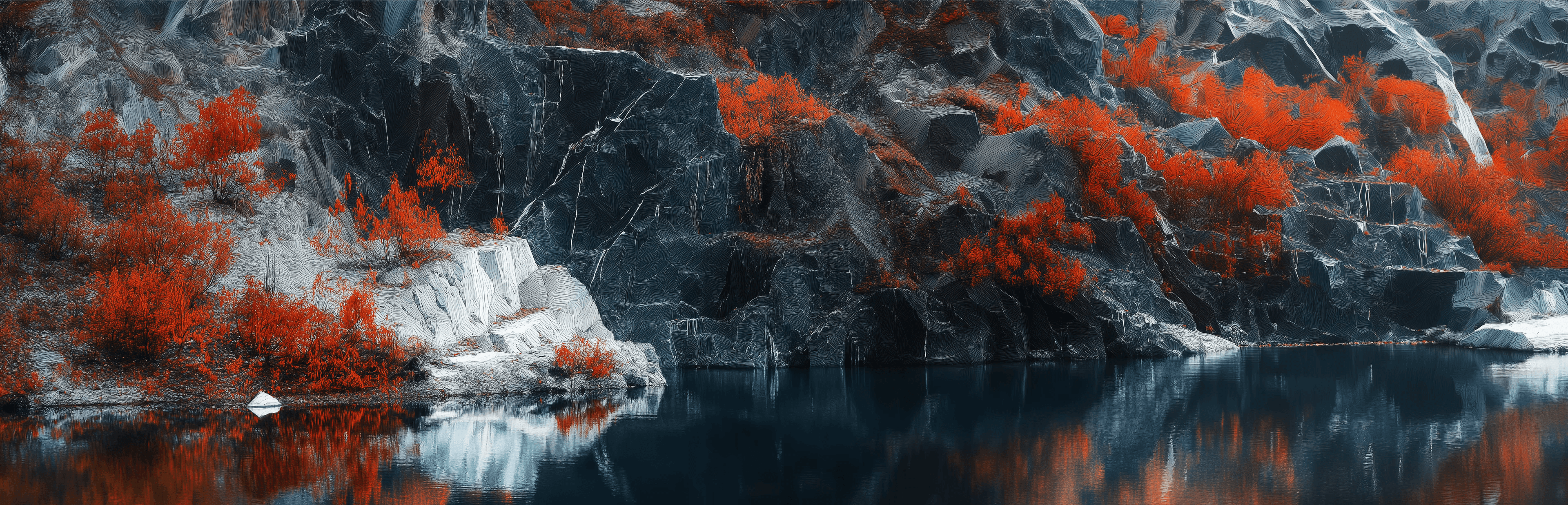 Autumn landscape in a lake, early morning, strong yellow and deep dark blue