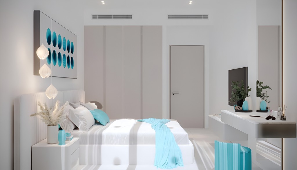 A modern bedroom with vibrant turquoise accents, illustrating a trendy interior in Reef 996, Dubai.