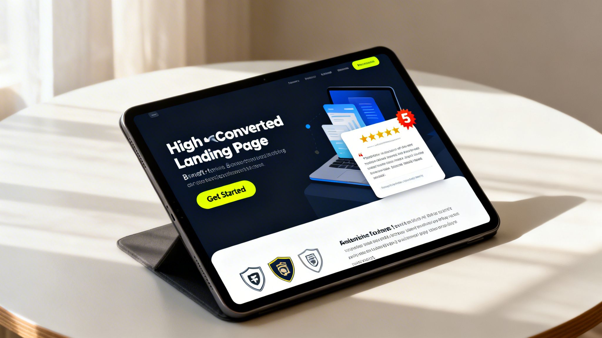 A tablet displaying a dark-themed landing page with 