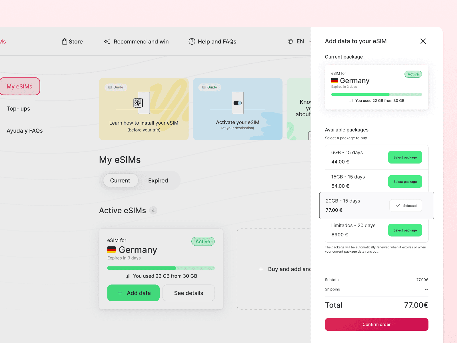 Holafly eSIM management dashboard showing an active plan and available data packages