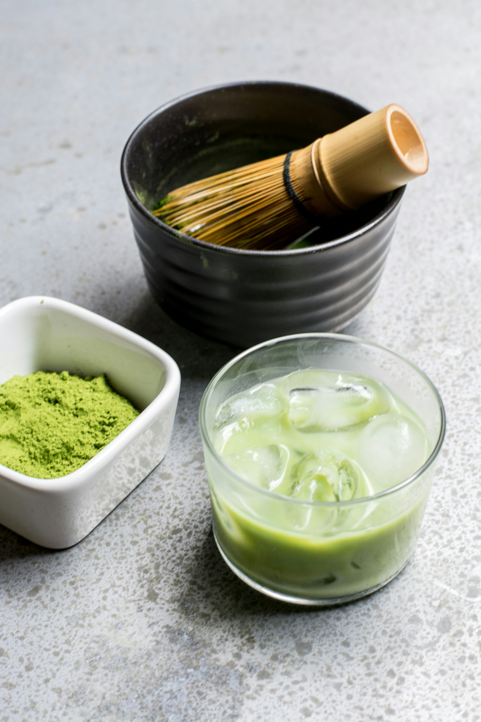 Green Tea Matcha Powder and Matcha Latte with Matcha whisker