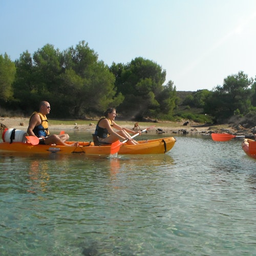 Two people in orange kayaks paddle on clear, calm water near a shoreline with trees in the background.