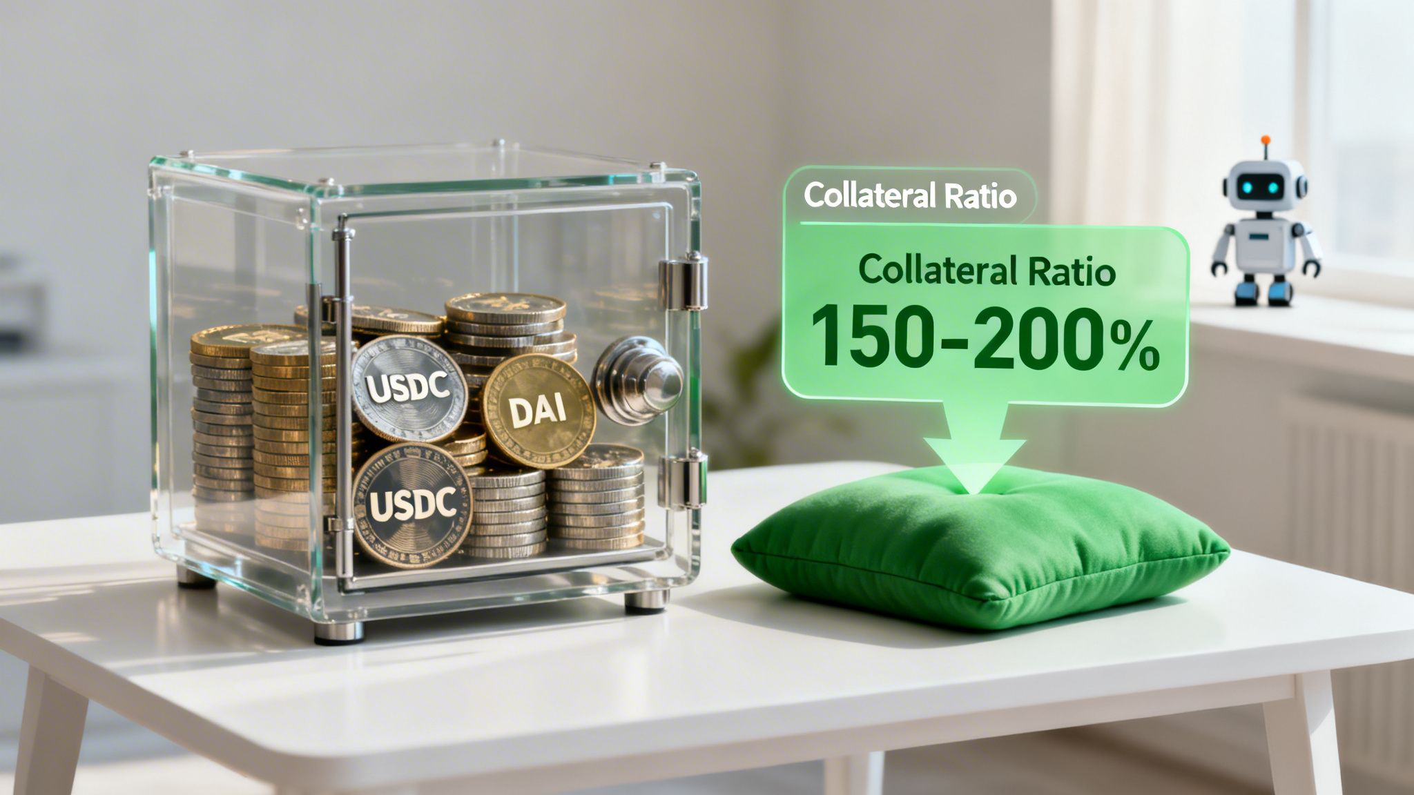 Cryptocurrency stablecoins USDC and DAI in a clear safe, indicating a 150-200% collateral ratio.
