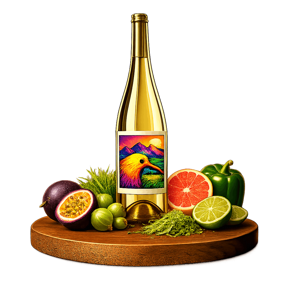 Artistic label and flavor profile for Marlborough Sauvignon Blanc on a rustic wooden table.