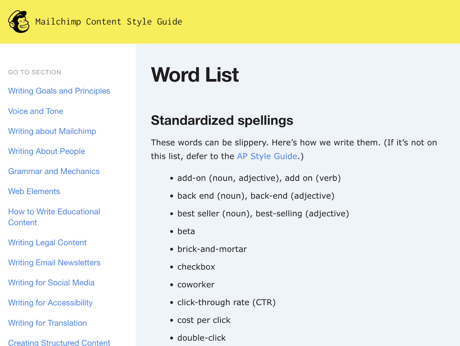 Mailchimp’s content style guide includes a specialized vocabulary page