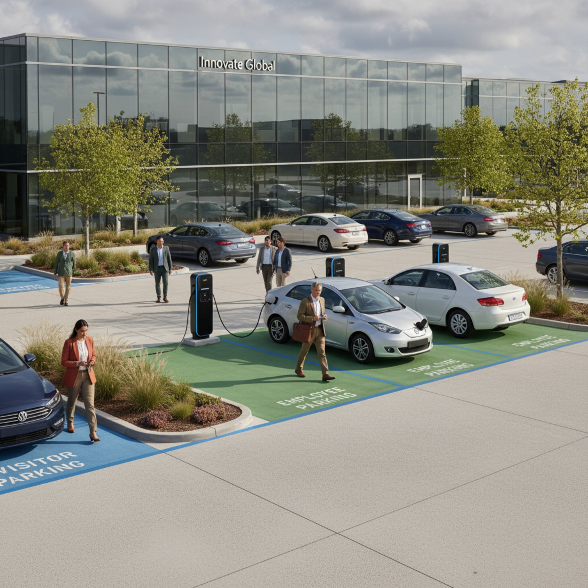 Ein firmeneigener Parkplatz am Vormittag. Farblich markierte Zonen trennen Besucher-, Mitarbeiter- und Ladebereiche klar. Menschen steigen aus, schließen Türen leise und bewegen sich Richtung Eingang. Die Stimmung ist ruhig, strukturiert und großzügig.
