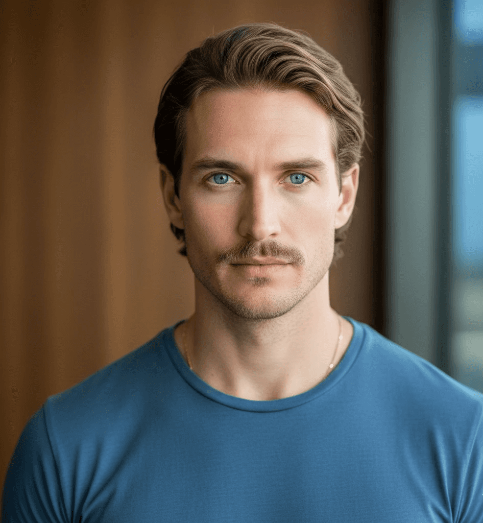 A man with wavy hair and a mustache wearing a blue shirt, gazes intently at the camera. The background is softly blurred, creating a calm atmosphere.