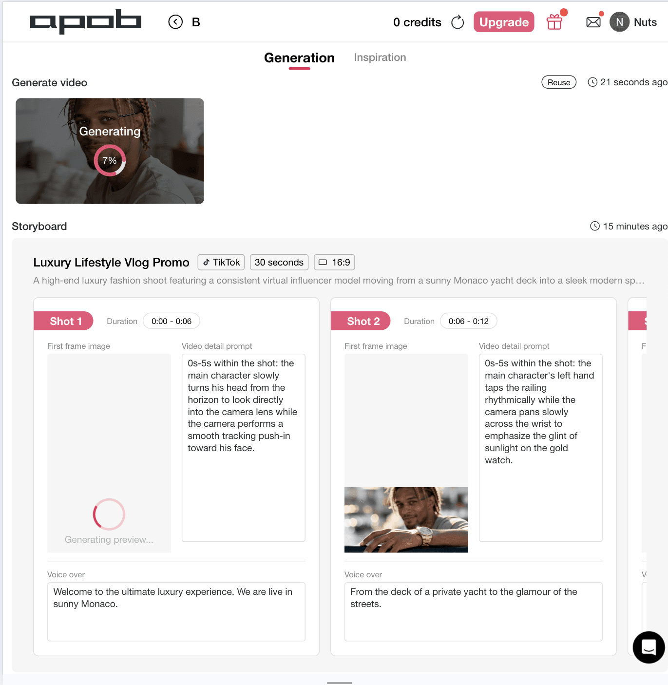 APOB AI active video generation dashboard rendering a multi-panel storyboard sequence. The workspace shows a top master preview tracking compilation progress at 7%, while individual timeline elements underneath render their respective scene layouts under the "Luxury Lifestyle Vlog Promo" project block.