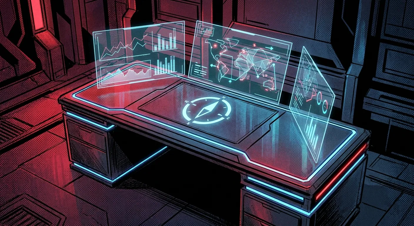 Futuristic desk with digital screens, ideal for RockN' Socials Digital Marketing.