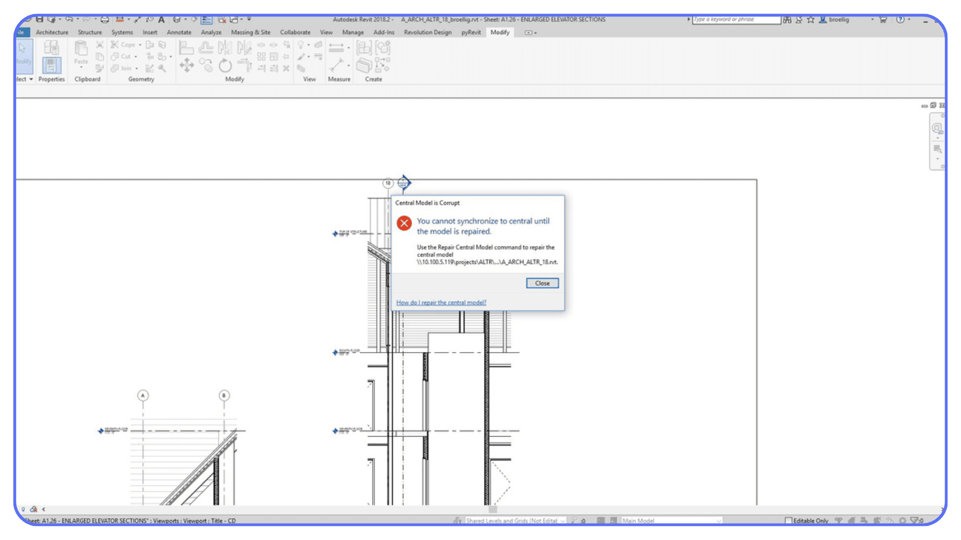 Revit error message showing central model corruption and synchronization failure