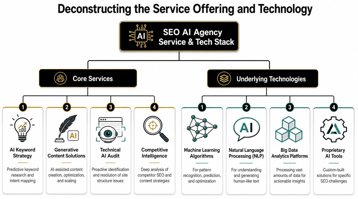 A diagram illustrating the core services and underlying technologies of a professional SEO AI agency.