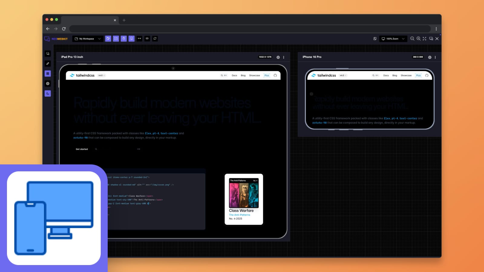 Responsive Website Testing Toolkit – Multiple Viewport Simulator extension displaying the Tailwind CSS homepage in dark mode across two devices: iPad Pro 13 inch and iPhone 16 Pro. Each screen shows how the website adapts responsively with visual differences in layout. The workspace features a grid background and device frames. The extension’s logo, showing a smartphone and desktop monitor icon on a purple background, is visible in the bottom-left corner.