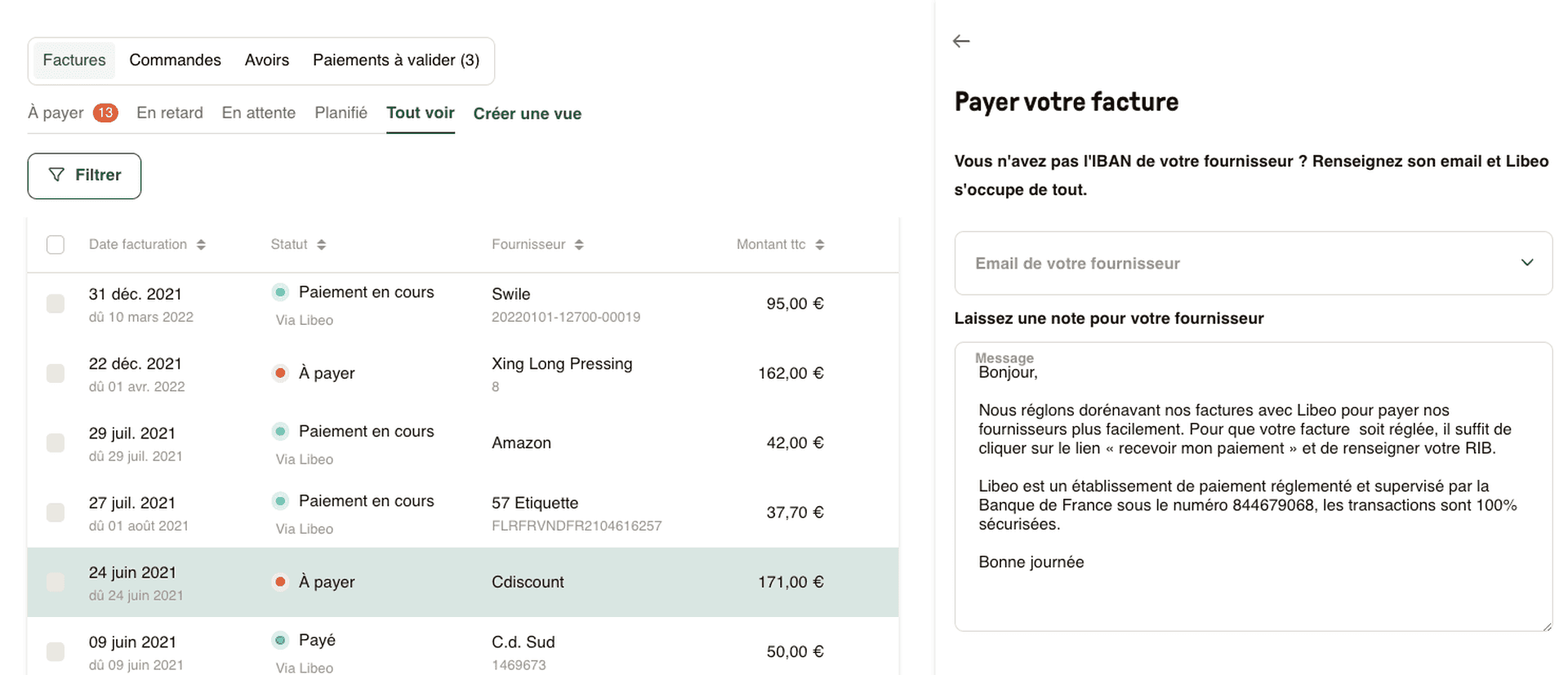 Template email fournisseur