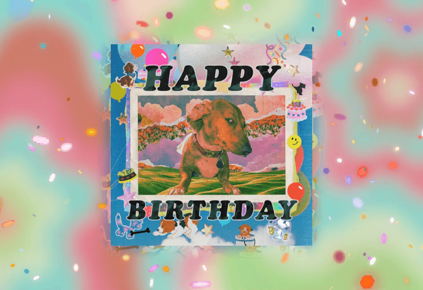 A simple white square napkin with the word "birthday" typed in lowercase black text, set against a soft purple gradient background.