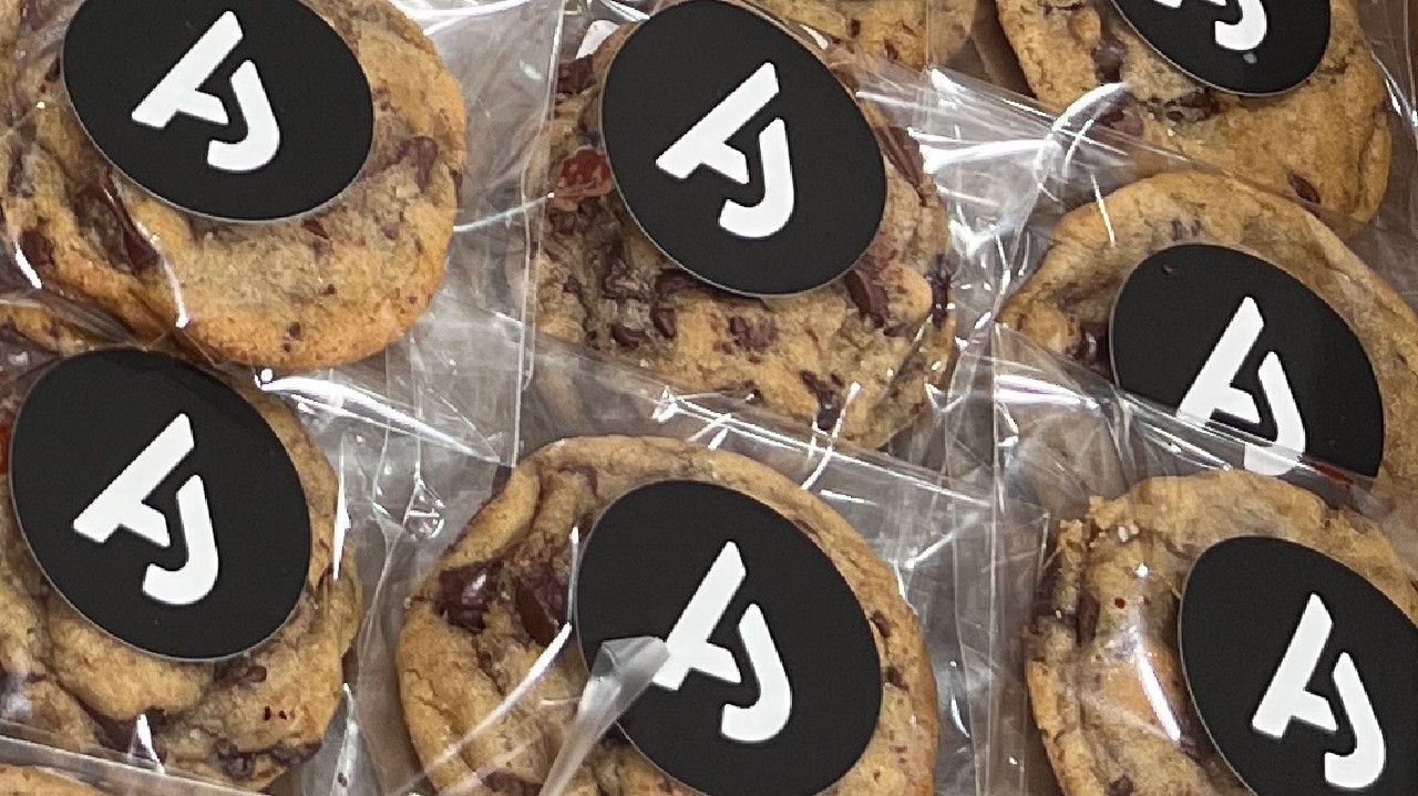 aj logo sticker chocolate chip cookies