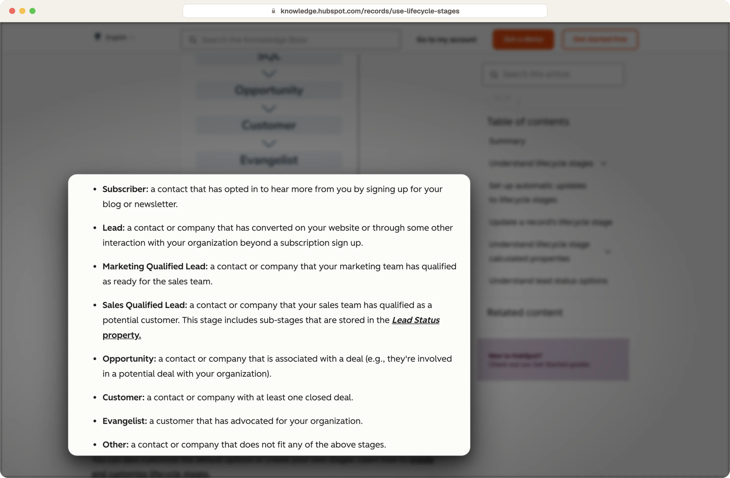 HubSpot knowledge base listing the eight default lifecycle stages from Subscriber to Other, highlighted