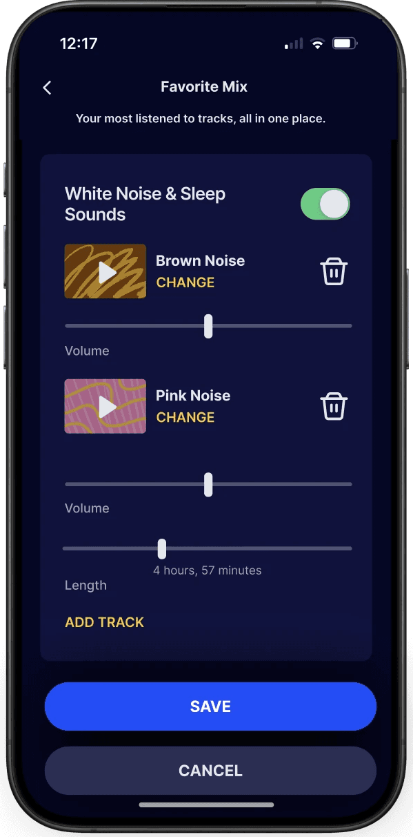 mockup showing "favorite mix" page with "white noise and sleep sounds" section