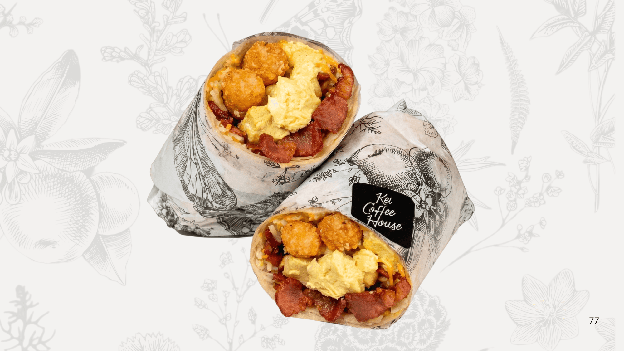 Bacon Breakfast Burrito – hickory smoked bacon, tater tots, cheese, scrambled eggs