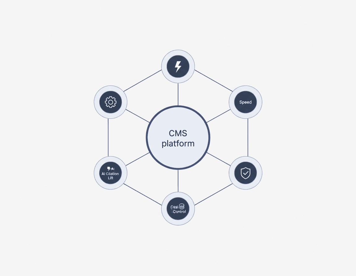 Six icons for automation, speed, citation lift, governance, cost and flexibility orbit a central CMS node
