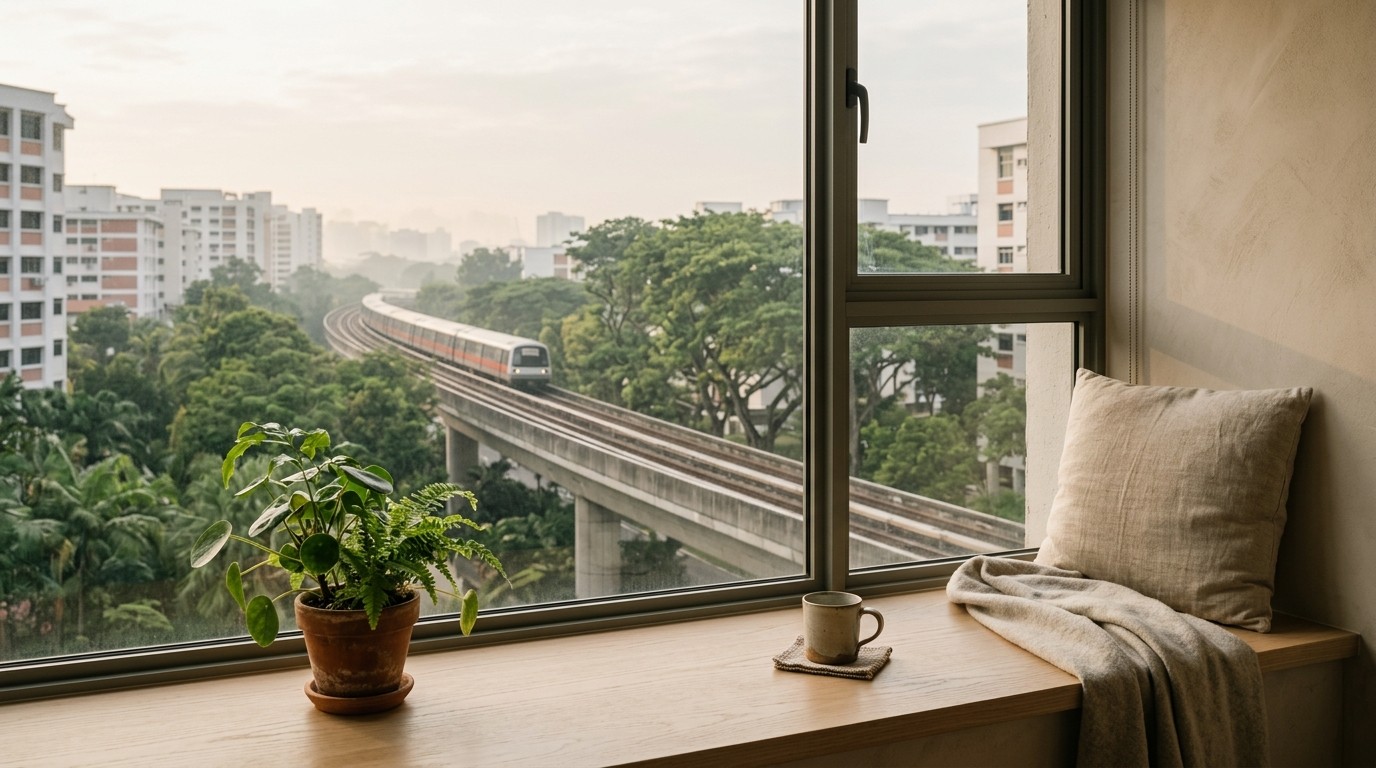 Window seat in a Singapore condo looking out at an MRT viaduct and rain trees