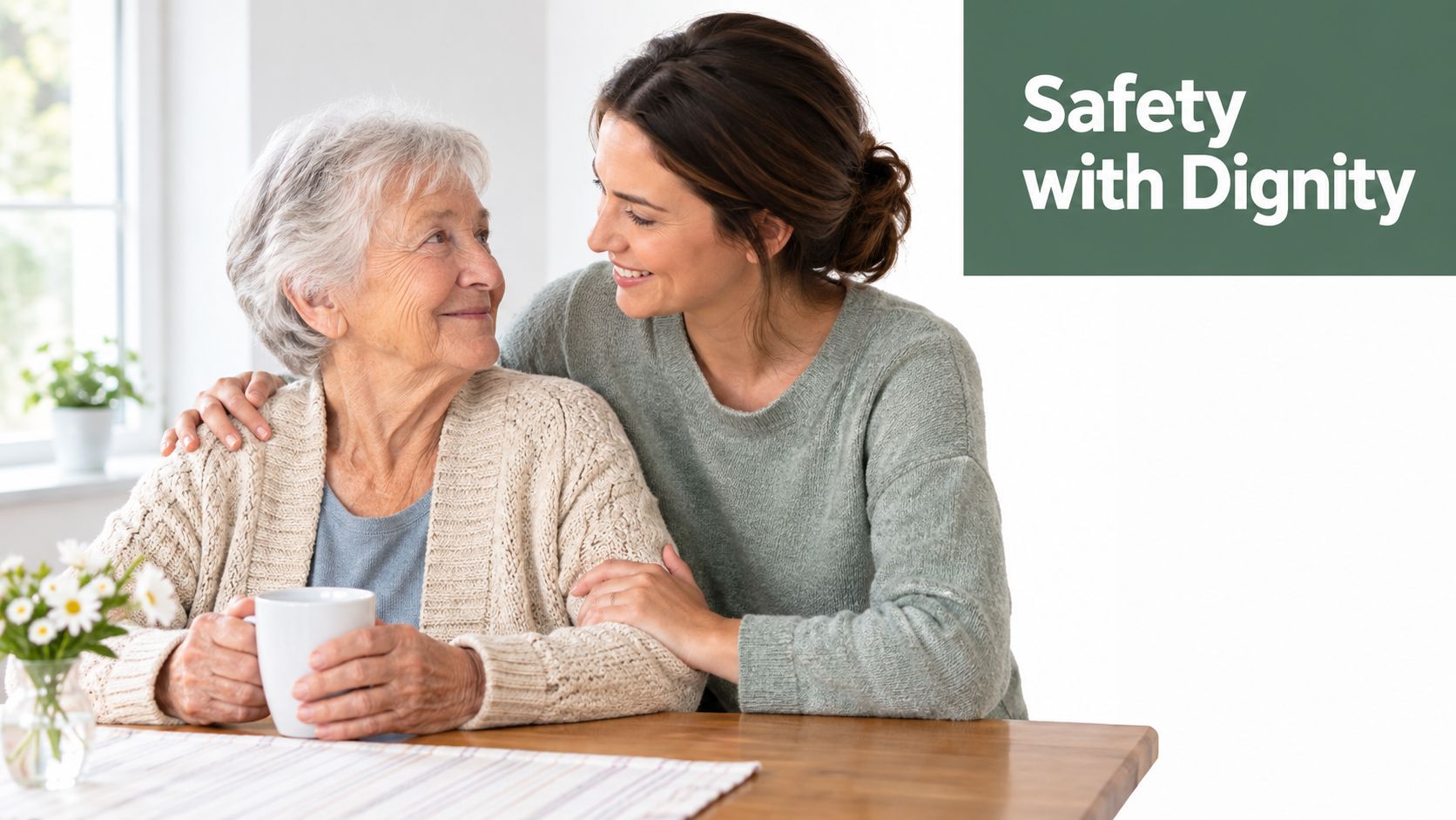 A kind caregiver supporting an elderly woman holding a tea cup at a dining table at home.