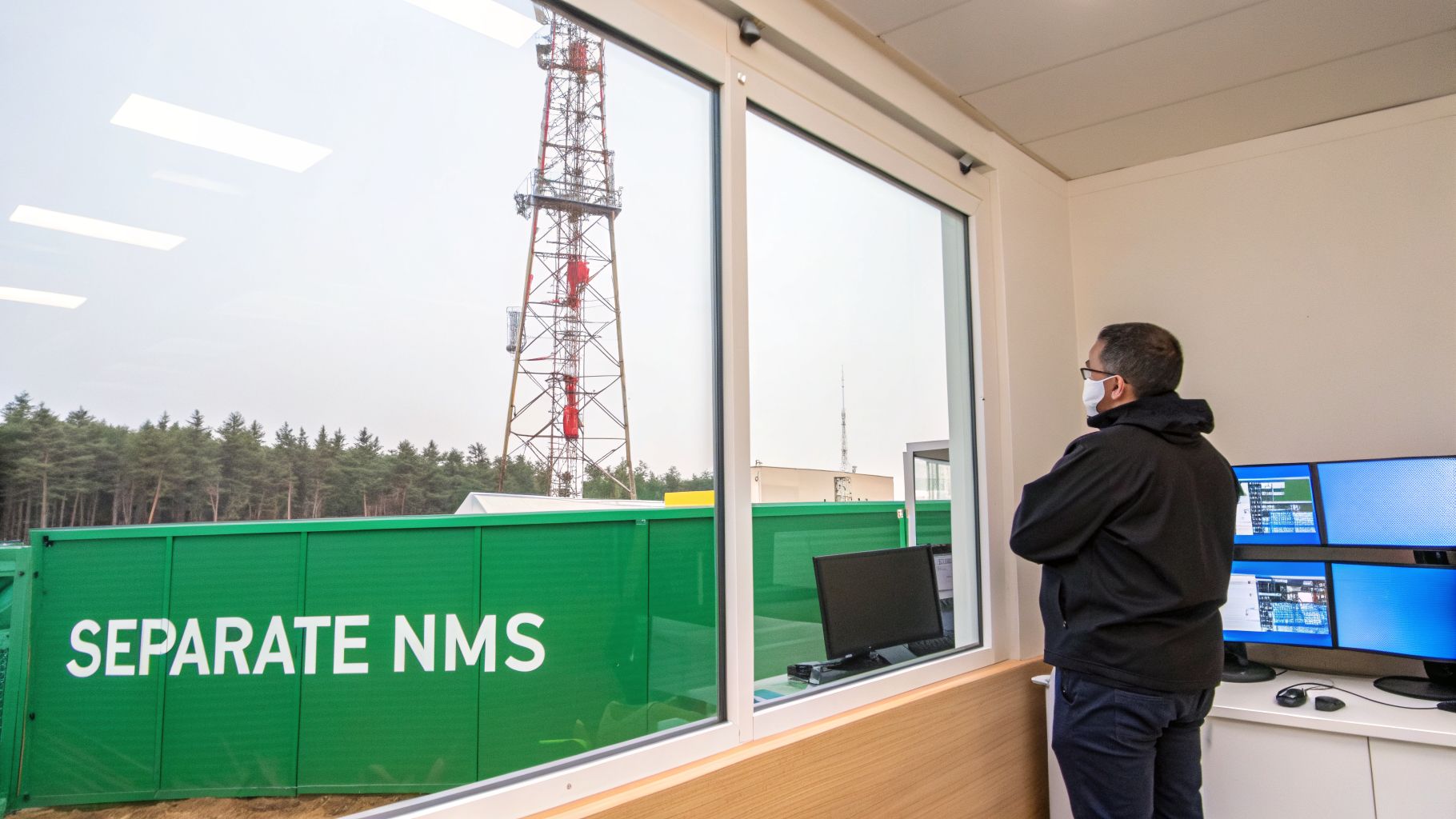 Man in mask looks out control room window at a large transmission tower and 'SEPARATE NMS' sign.