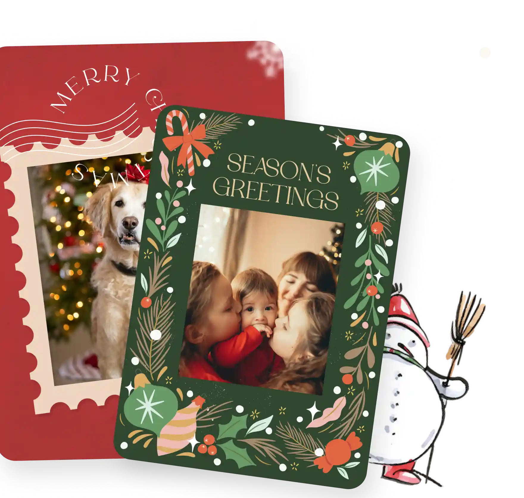 Holiday card samples with 'Season's Greetings' and 'Merry Xmas' photo designs