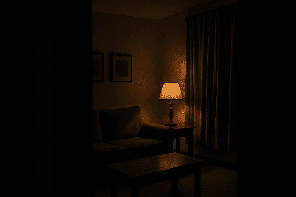 A dimly lit living room at night with a single lamp glowing softly beside a couch, casting warm light across the room while the rest remains in shadow.