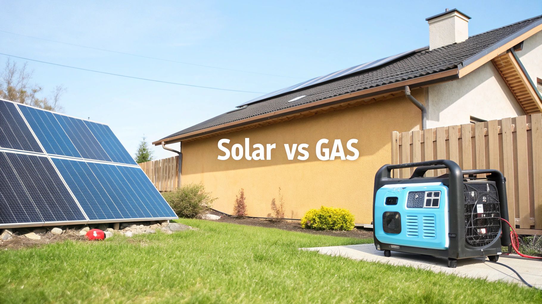 a solar panel next to a generator in the backyard of a suburban home