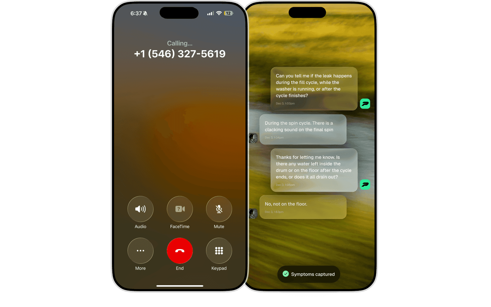 A homeowner calling the voice agent, with the live transcript of the conversation