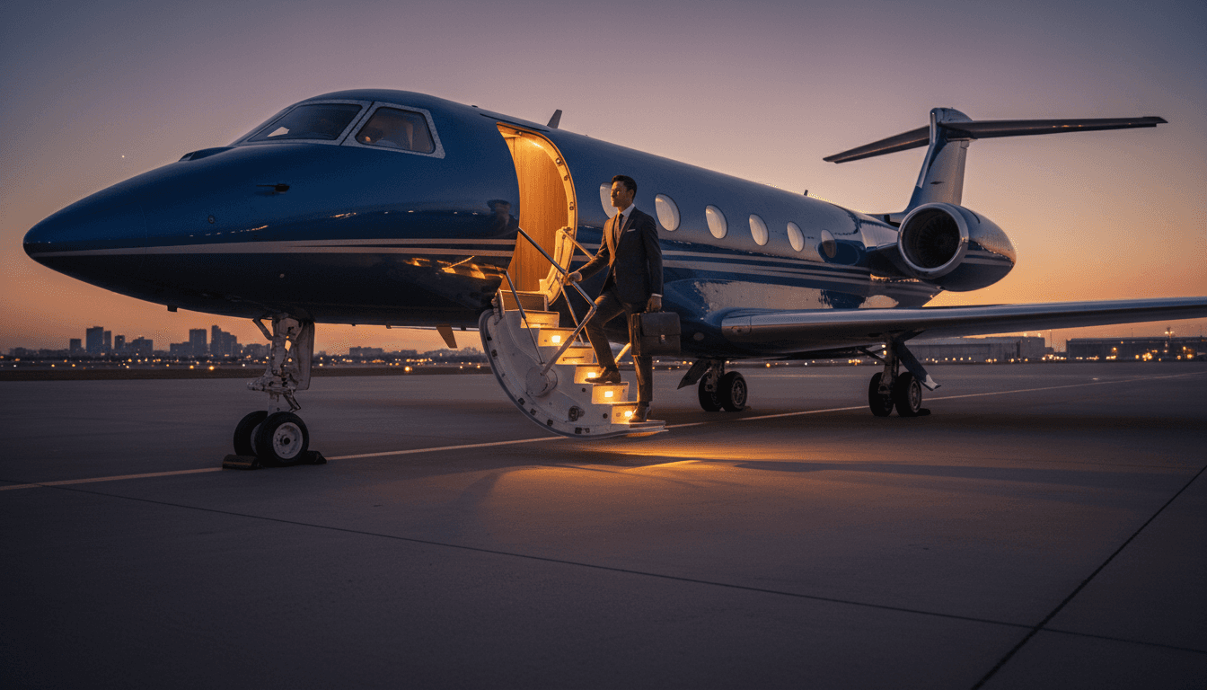 A business traveler boarding a private jet up the airstairs at dusk — premium executive travel on the Seoul–India route