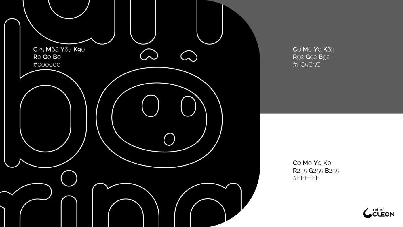 An achromatic palette arranged as black, charcoal gray, and white fields, each labeled with CMYK, RGB, and hex values: #000000, #5C5C5C, and #FFFFFF.