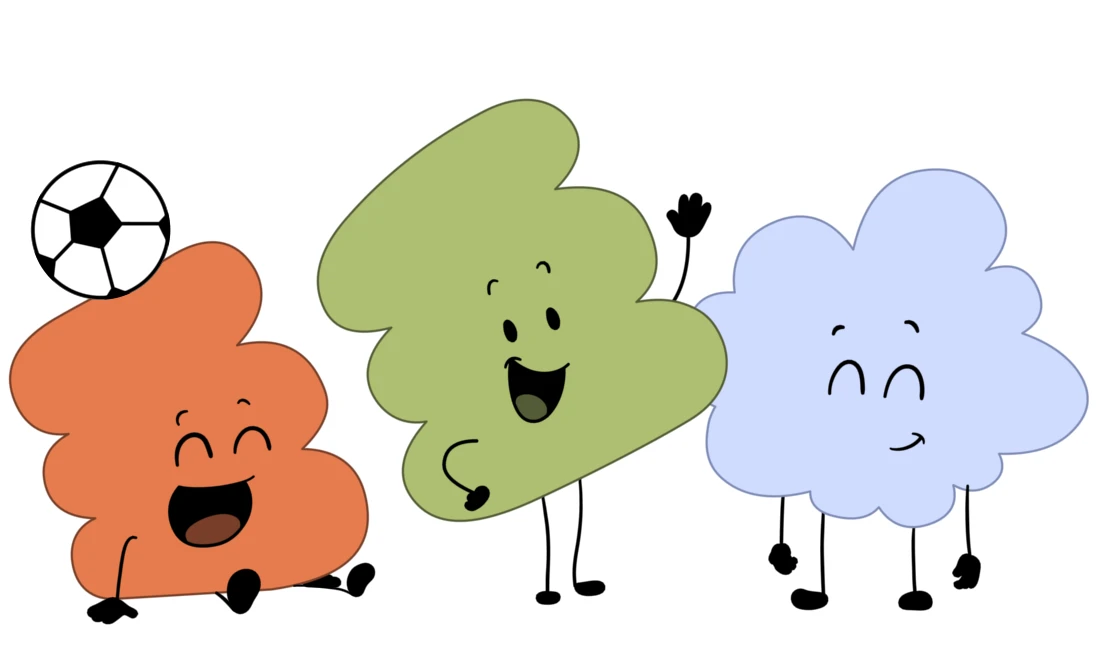 Three cheerful blob-shaped cartoon characters—orange with a soccer ball, green waving, and light blue smiling
