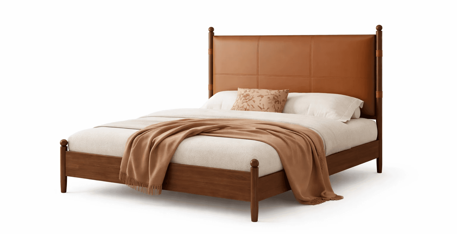 Minimal wooden bed featuring a straight headboard and clean rectangular proportions
