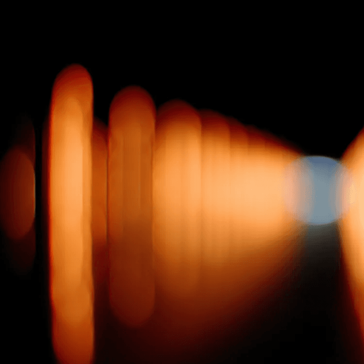 An abstract image of interconnected, translucent, oval-shaped objects in purple, gold, and orange hues.