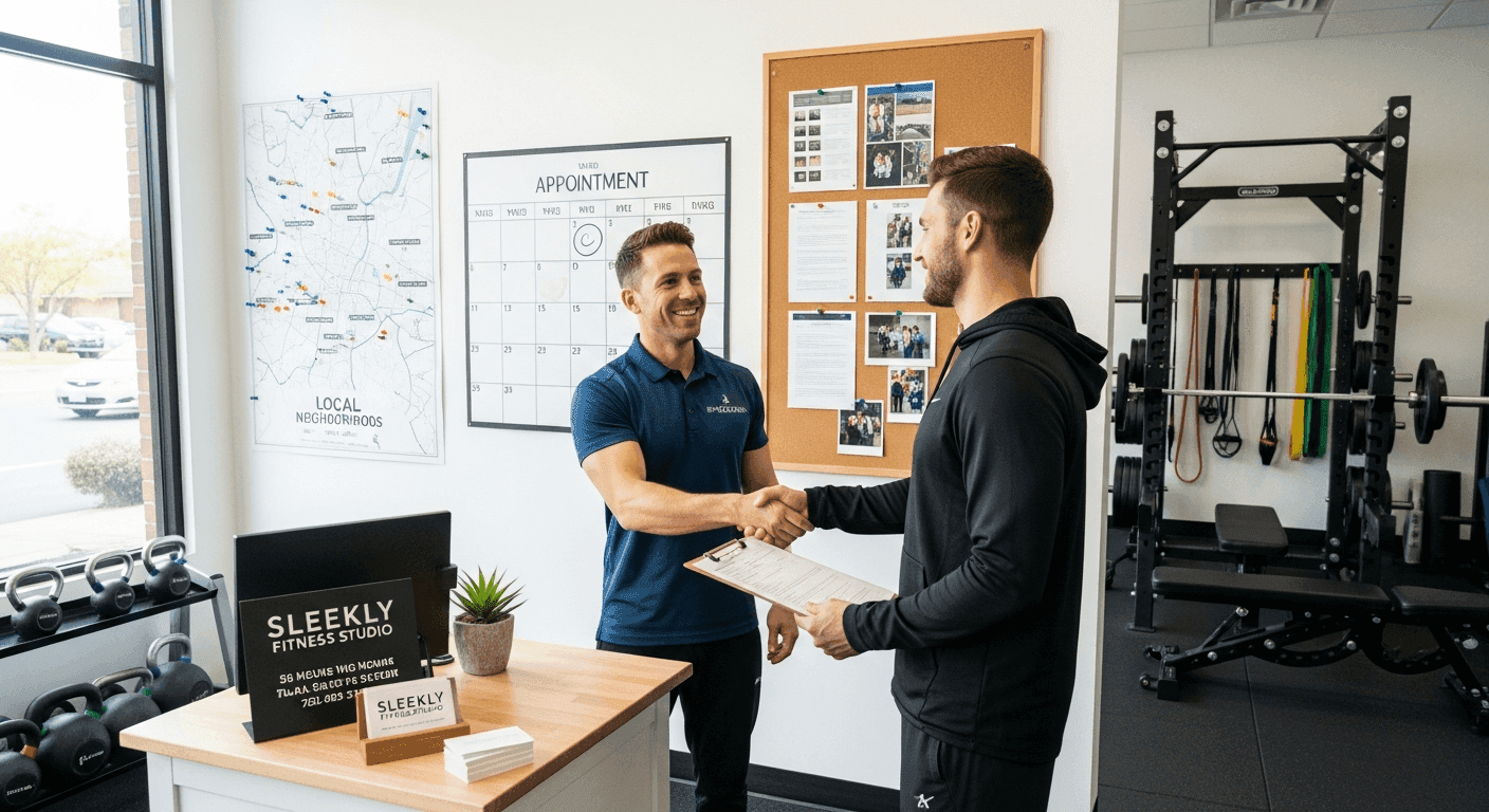 Personal trainer welcoming a new client in a gym consultation area with booking desk and strength equipment