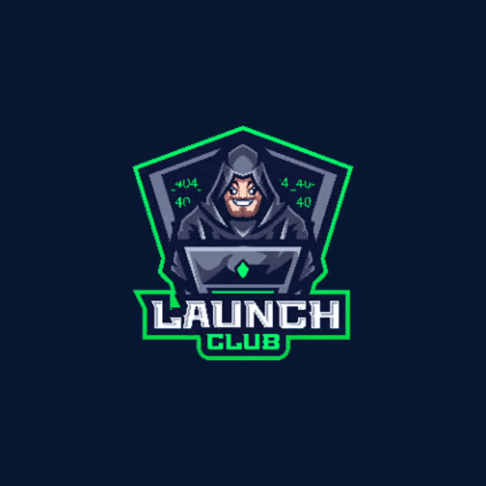 A hooded figure wearing a dark cloak and glasses is intently working on a laptop, surrounded by digital code elements, with the words "Launch Club" prominently displayed below in bold, futuristic lettering.