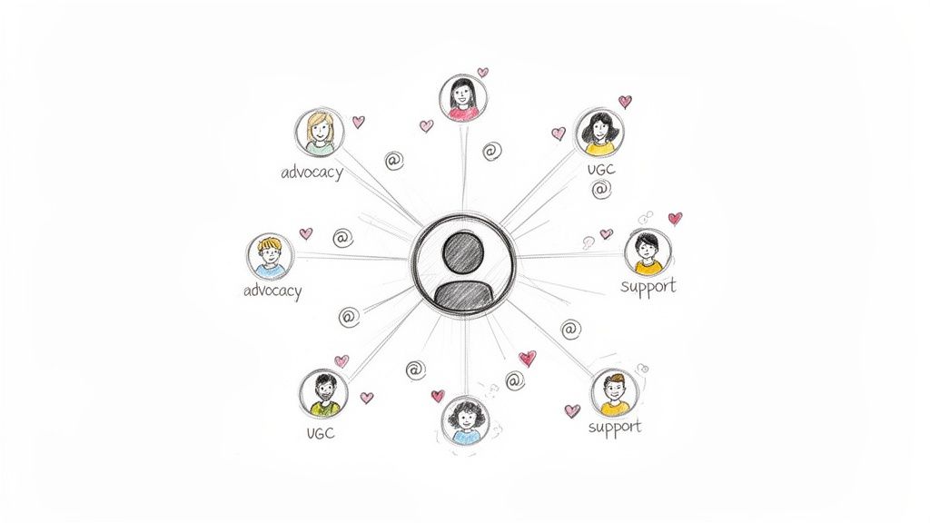 A central user icon radiates connections to multiple peripheral user icons labeled advocacy, UGC, and support.