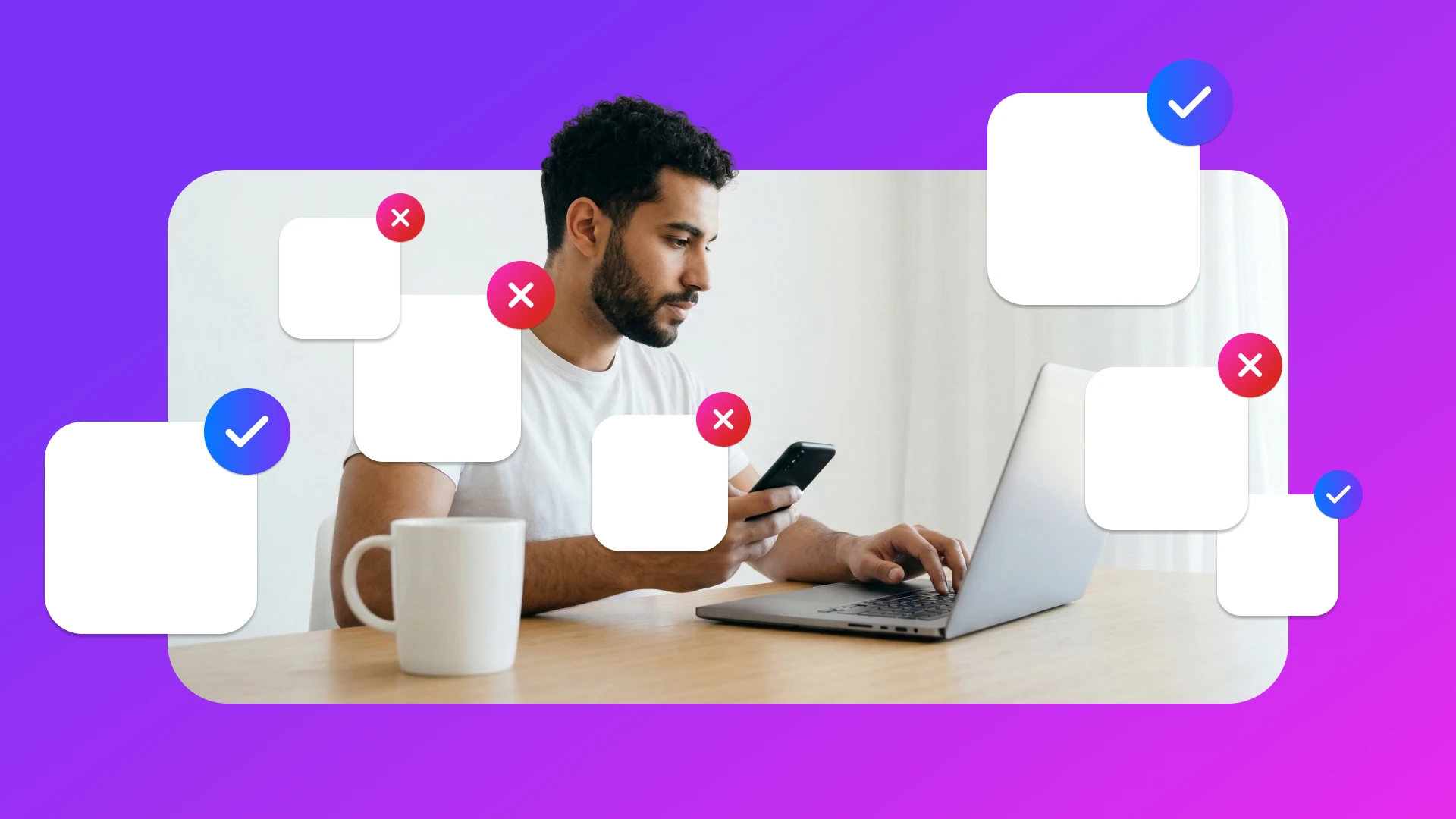 A professional using a laptop and smartphone, surrounded by floating white icons with red "X" and blue checkmark status indicators. This visualizes why SaaS sprawl is an identity problem, illustrating the challenge of managing user access and permissions across multiple applications for SMBs.