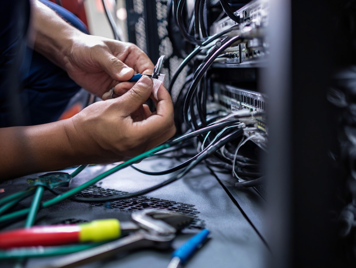 A technician expertly configures network cables in a server rack, with various tools like pliers and a highlighter resting on a mesh-covered floor, signifying a hands-on approach to IT maintenance and network management.