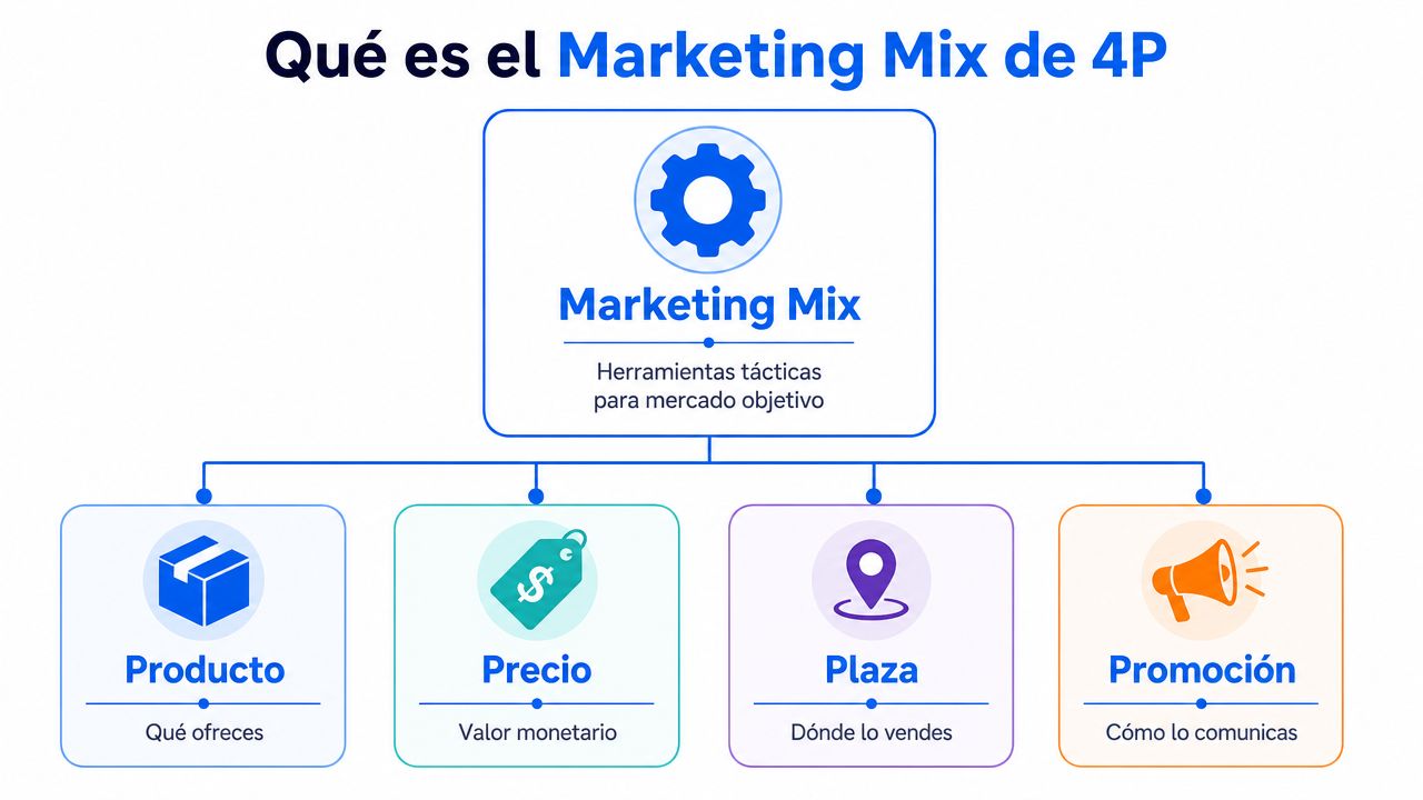 Infografía del Marketing Mix de 4P detallando producto, precio, plaza y promoción para estrategias de mercado.