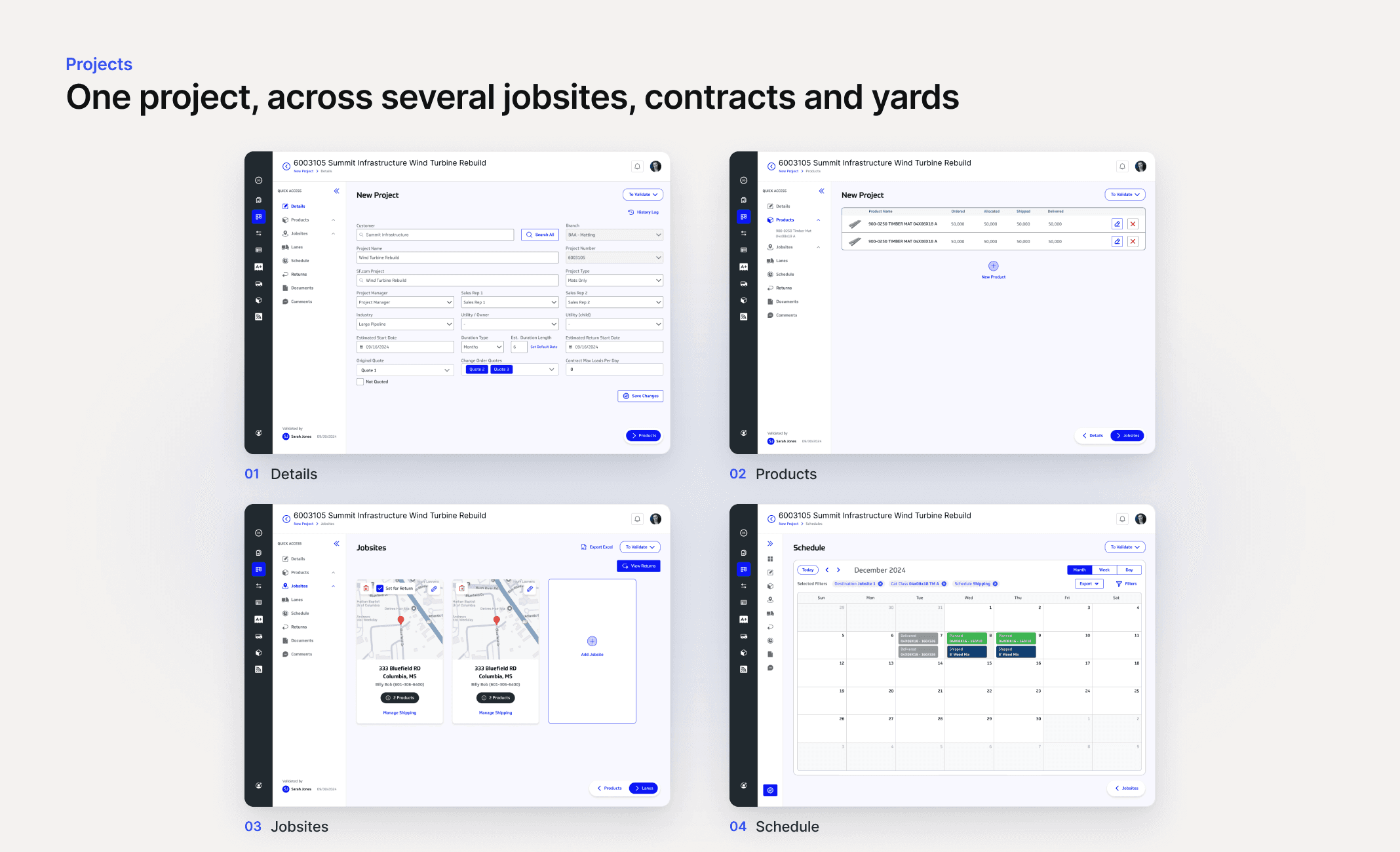 Setting up a project in four steps: details, products, jobsites and schedule