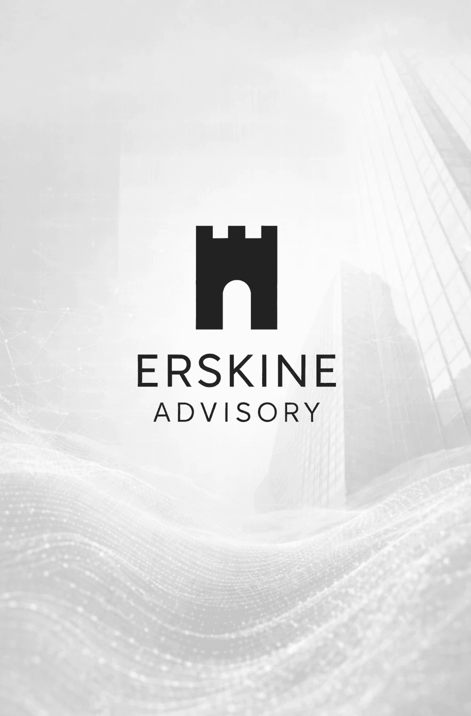 Erskine Advisory logo over a digital wave and office building