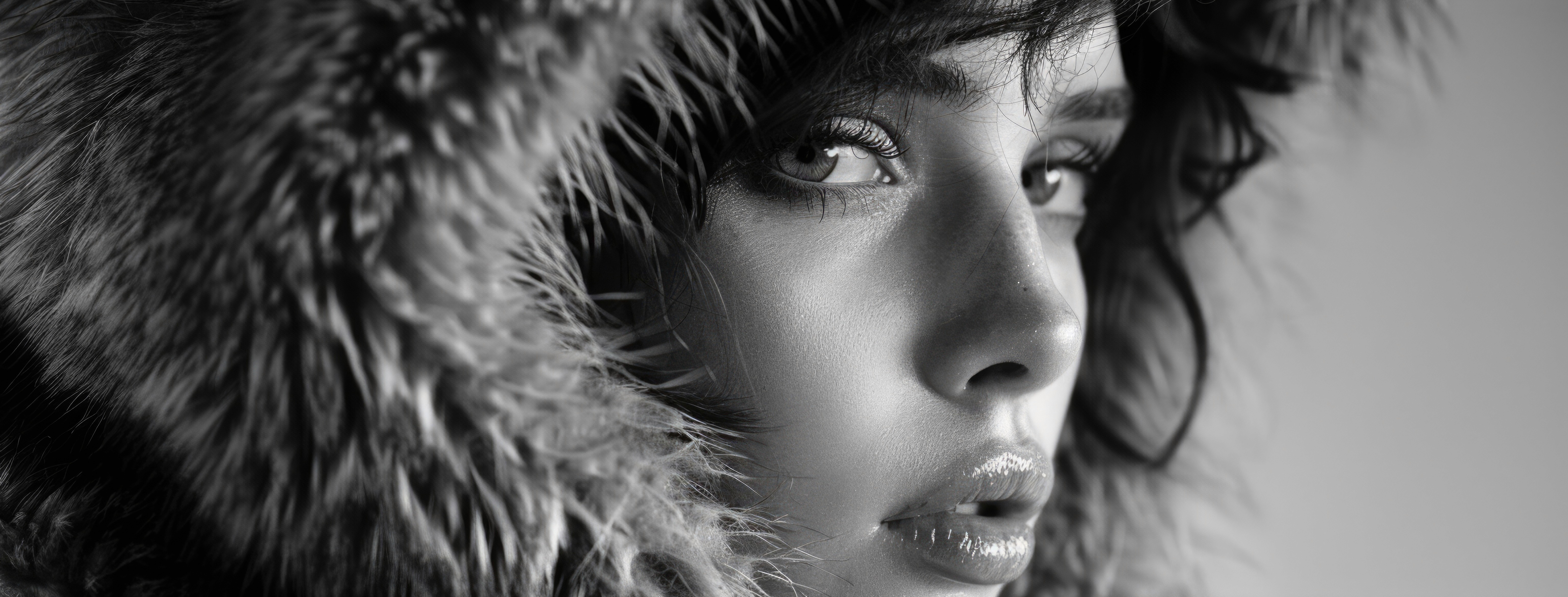 Black and white portrait of a woman in a fur hat, looking away.