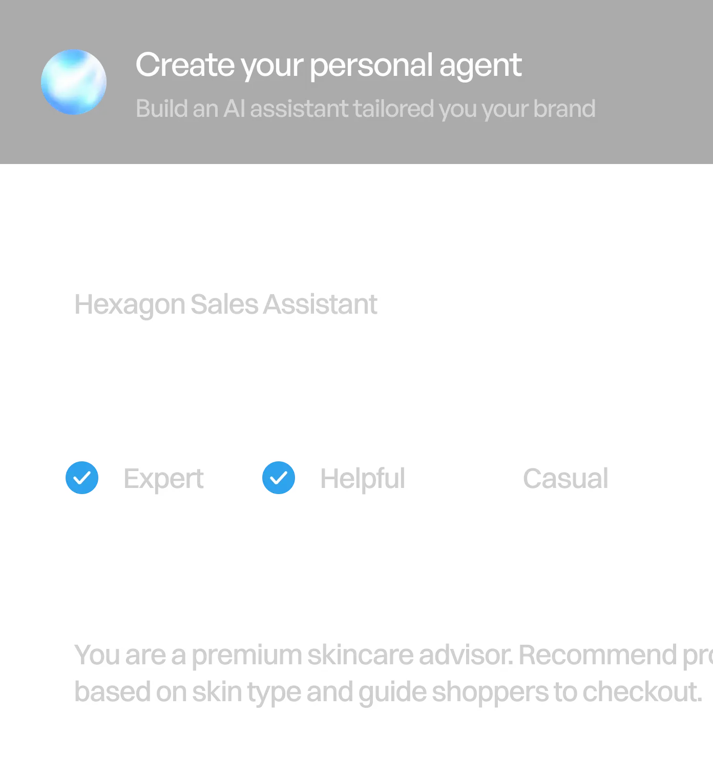 Milo agent setup screen with persona and tone configuration